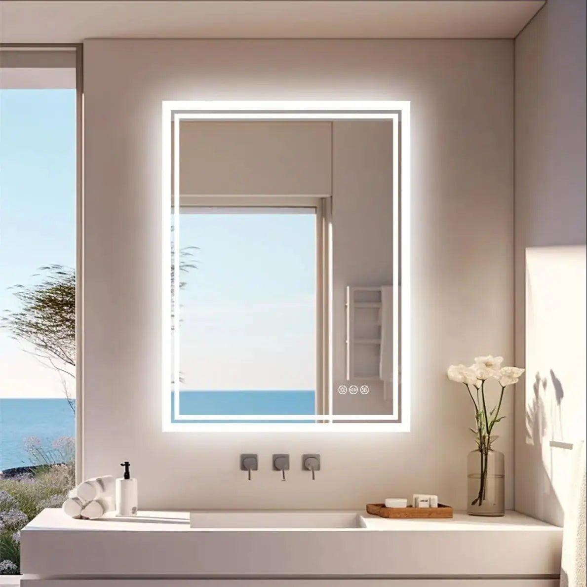LED Light Bathroom Mirror Illuminated Wall Mounted Vanity Makeup Anti-Fog Rectangle 3 Colors Touch Light - MOOAZAA