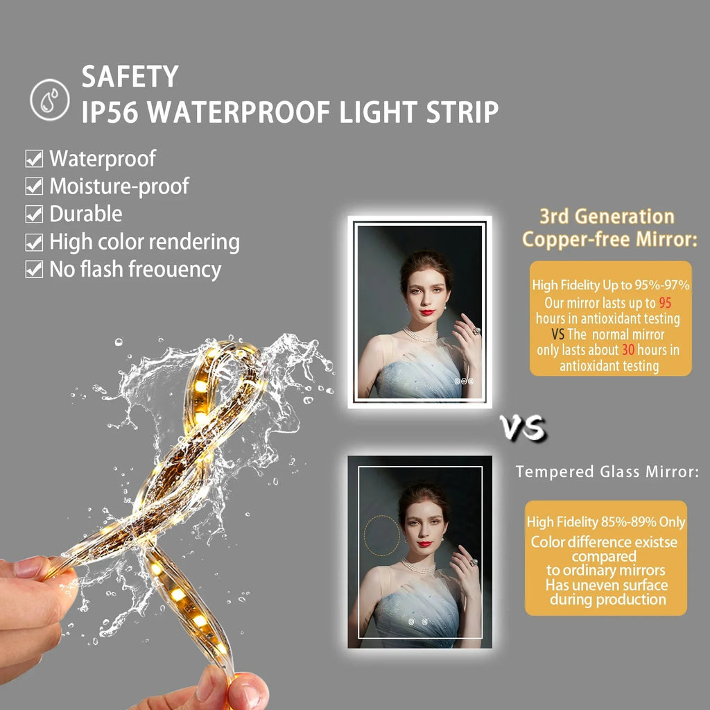 LED Light Bathroom Mirror Illuminated Wall Mounted Vanity Makeup Anti-Fog Rectangle 3 Colors Touch Light - MOOAZAA