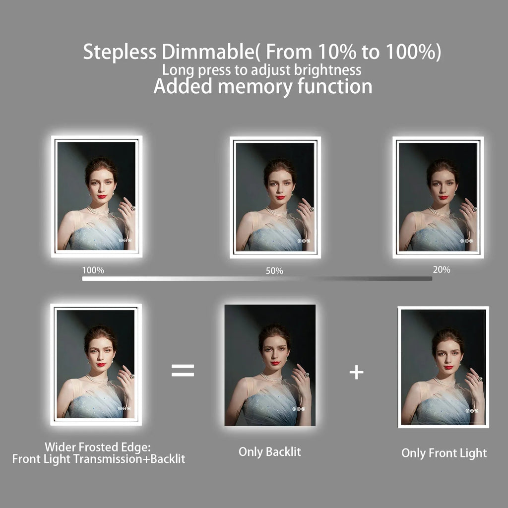 LED Light Bathroom Mirror Illuminated Wall Mounted Vanity Makeup Anti-Fog Rectangle 3 Colors Touch Light - MOOAZAA