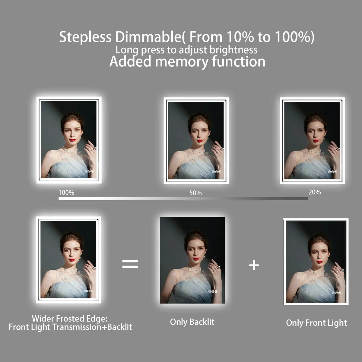 LED Light Bathroom Mirror Illuminated Wall Mounted Vanity Makeup Anti-Fog Rectangle 3 Colors Touch Light - MOOAZAA