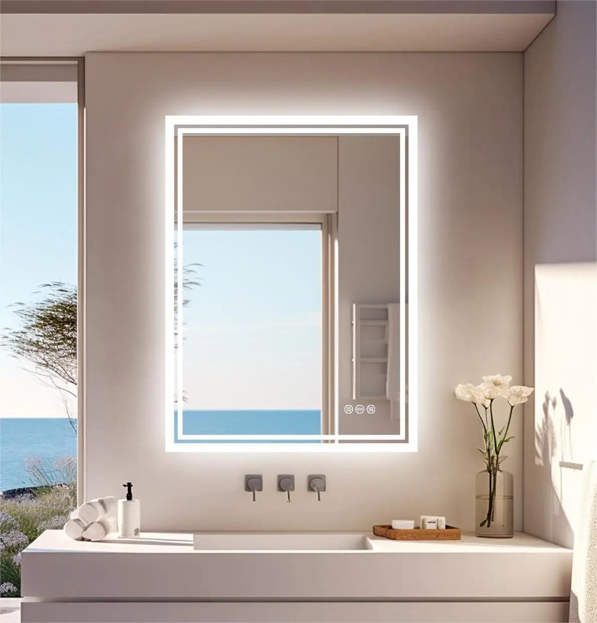 LED Light Bathroom Mirror Illuminated Wall Mounted Vanity Makeup Anti-Fog Rectangle 3 Colors Touch Light - MOOAZAA