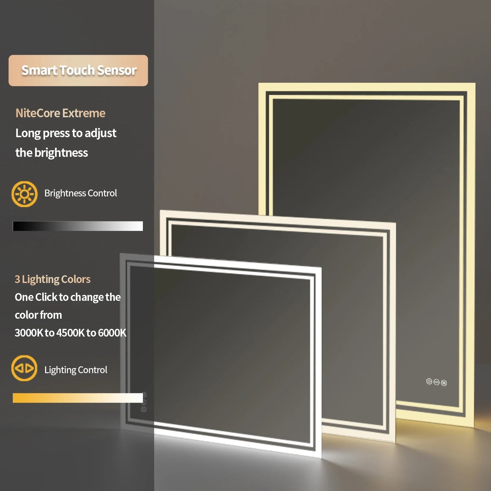 LED Light Bathroom Mirror Illuminated Wall Mounted Vanity Makeup Anti-Fog Rectangle 3 Colors Touch Light - MOOAZAA