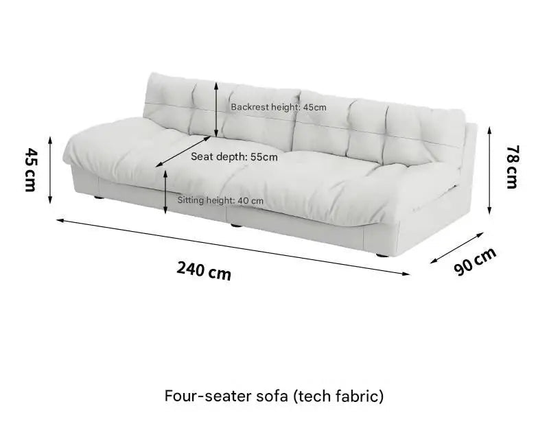 White four-seater sofa with dimensions labeled on a white background