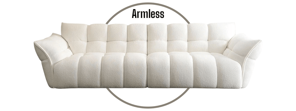 White sofa with 'Armless' branding on a white background