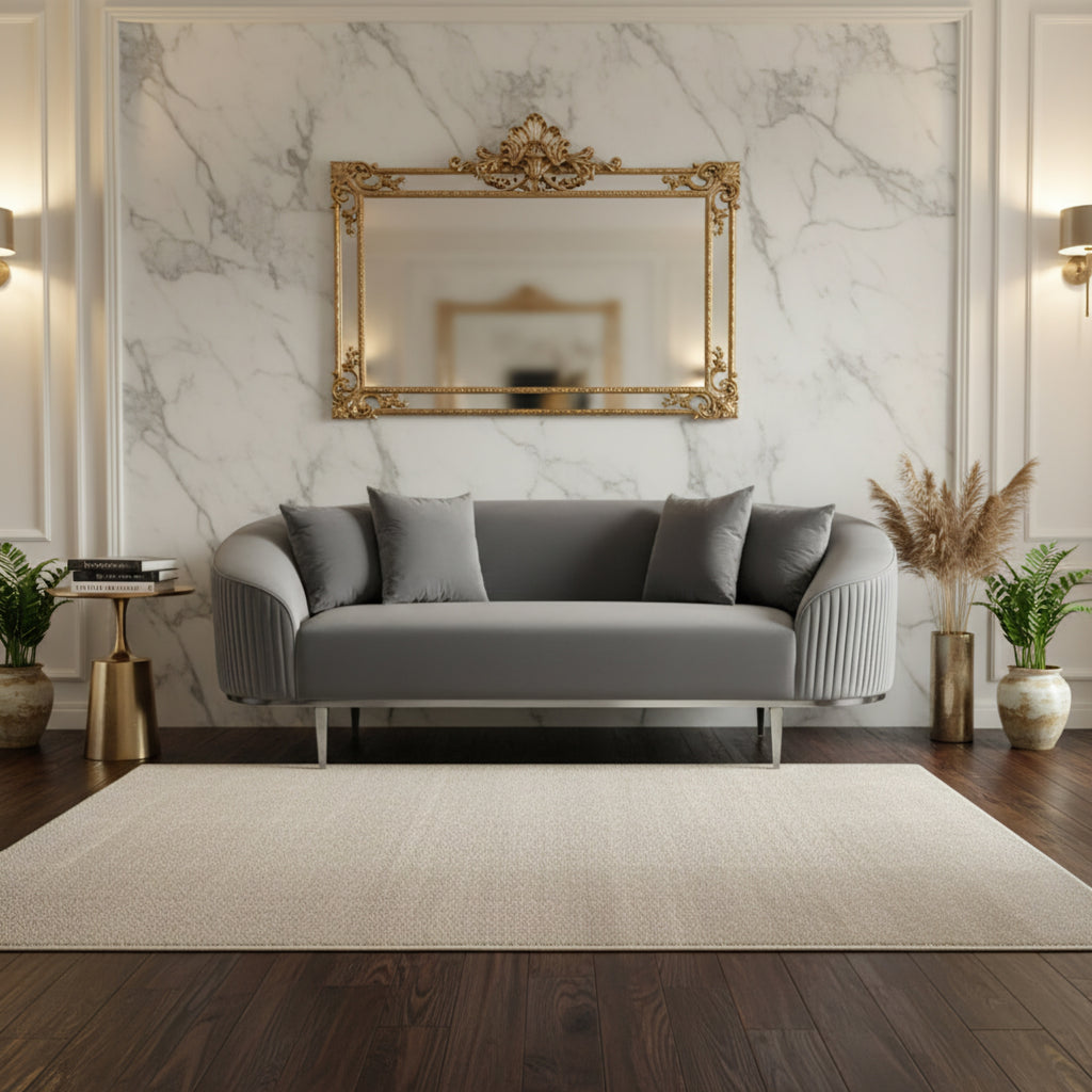 Modern living room with a gray sofa, decorative mirror, and plants.