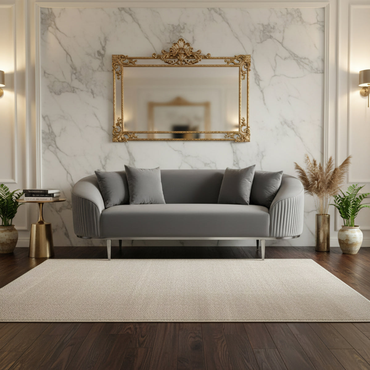 Modern living room with a gray sofa, decorative mirror, and plants.