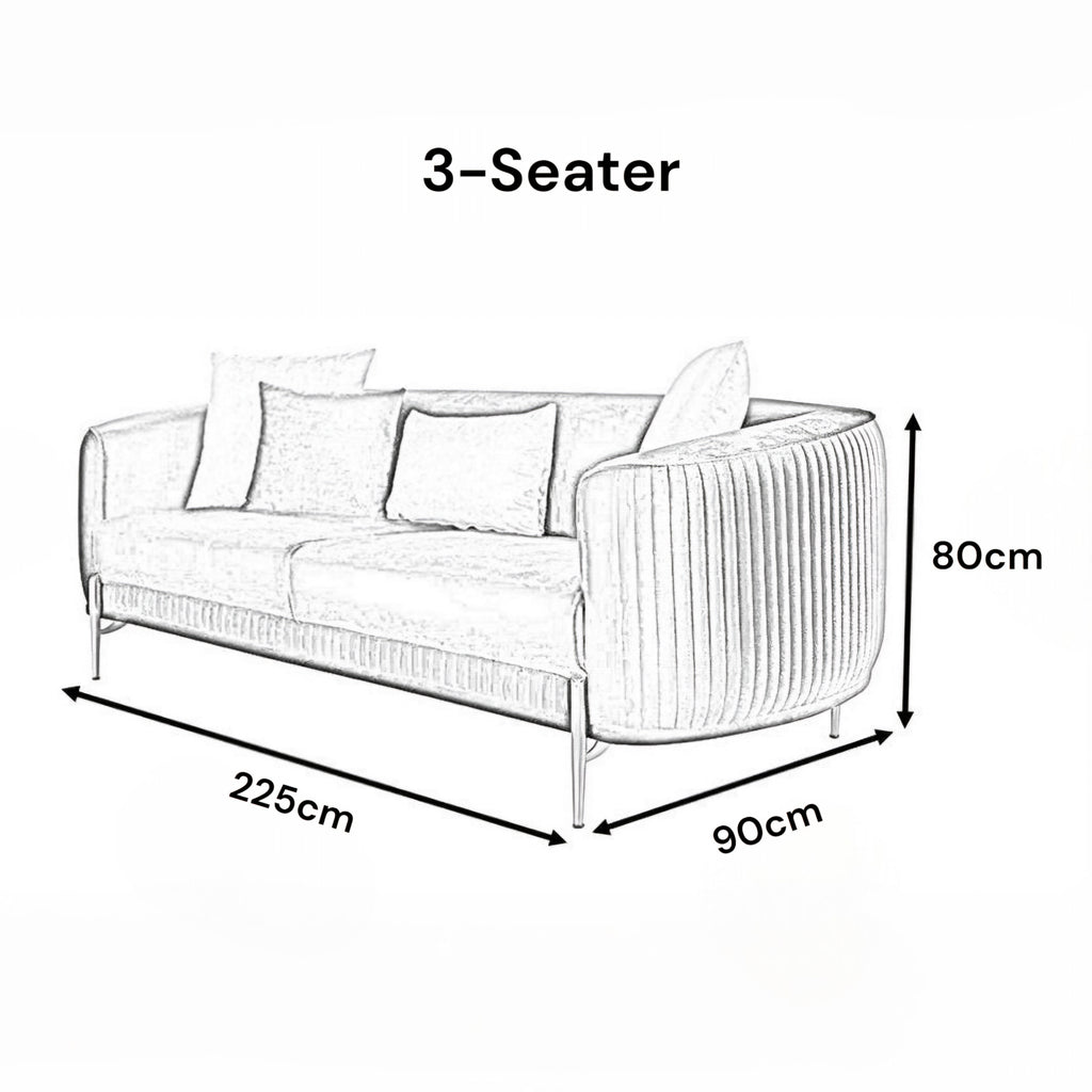 Line drawing of a 3-seater sofa with dimensions labeled