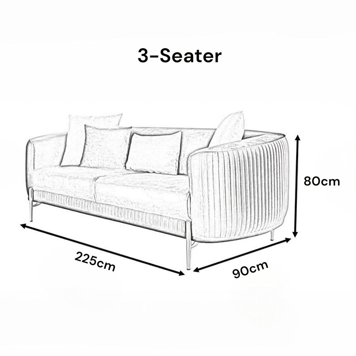 Line drawing of a 3-seater sofa with dimensions labeled