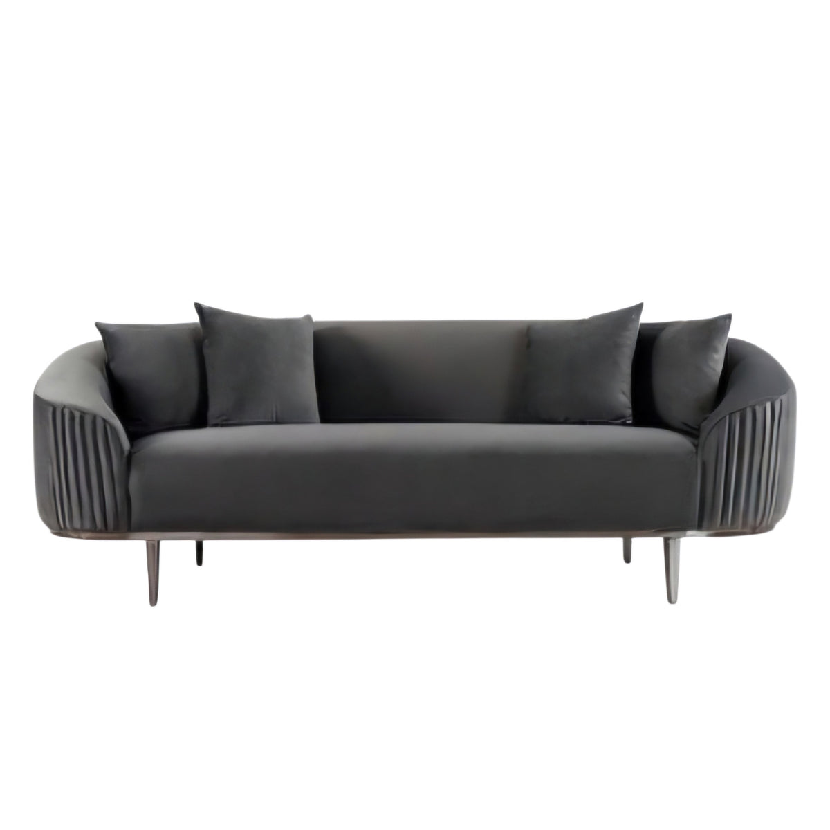 Modern black sofa with decorative cushions on a white background