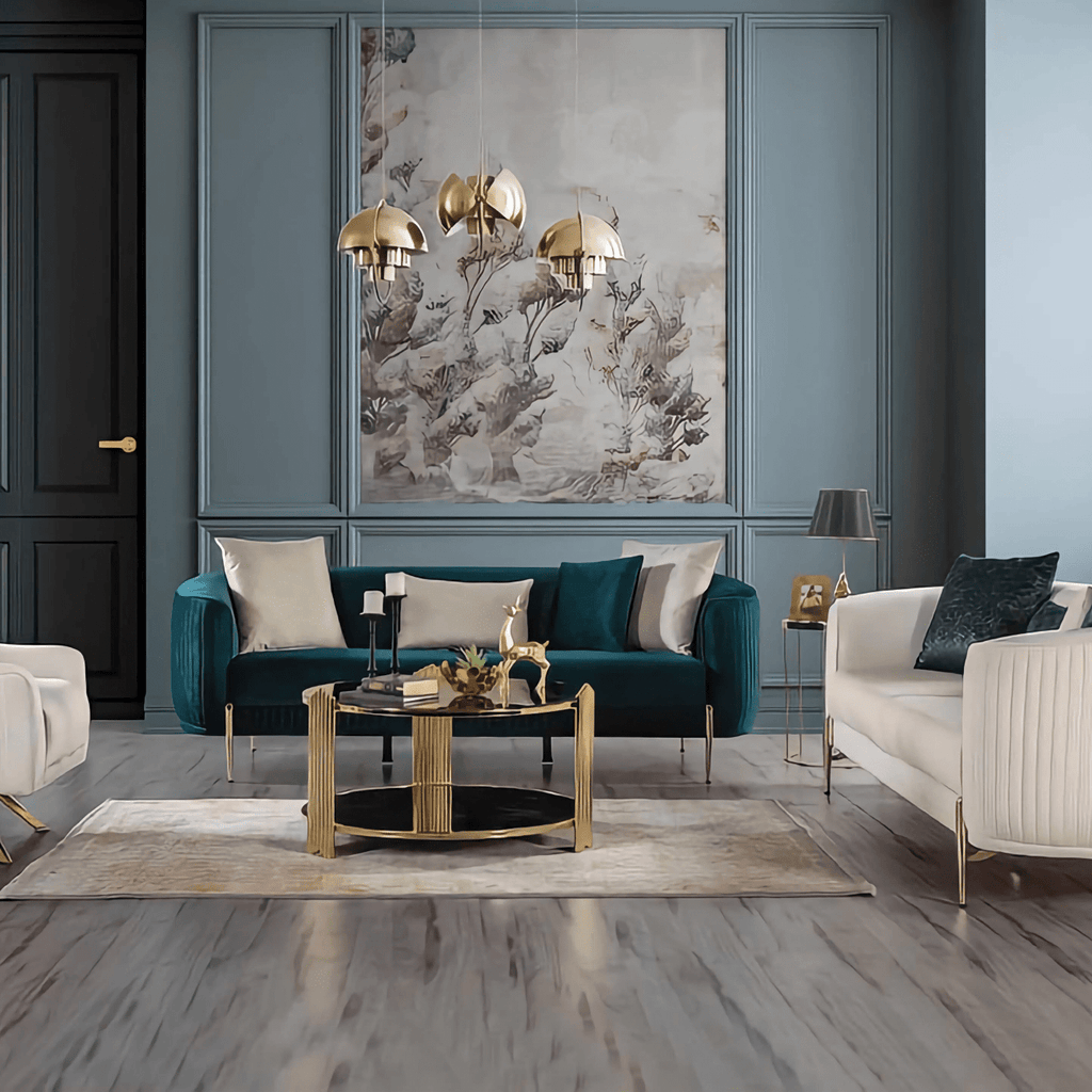 Modern living room with teal sofa, white armchair, and gold coffee table.