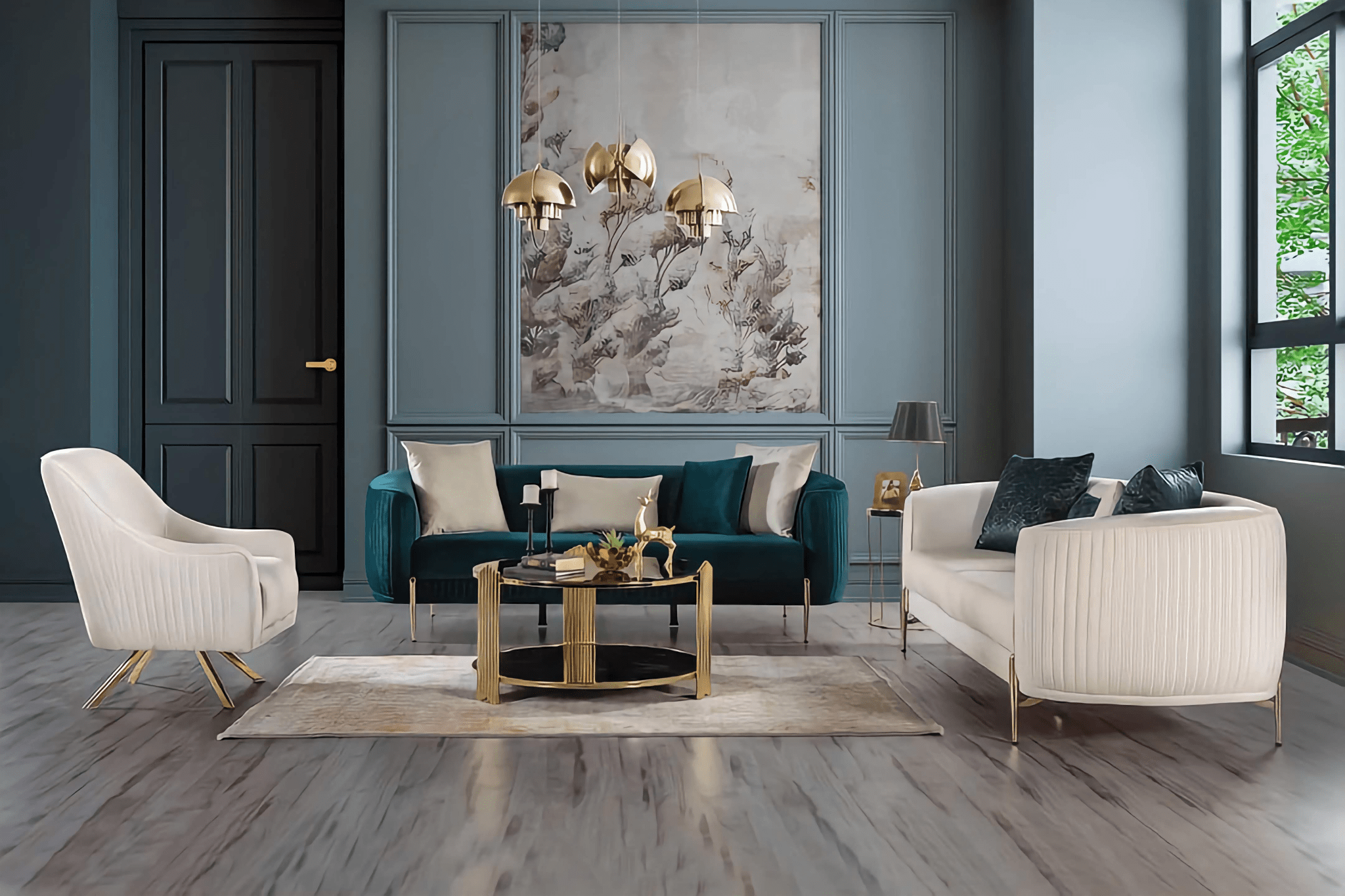 Modern living room with blue sofa, white chairs, and decorative elements.