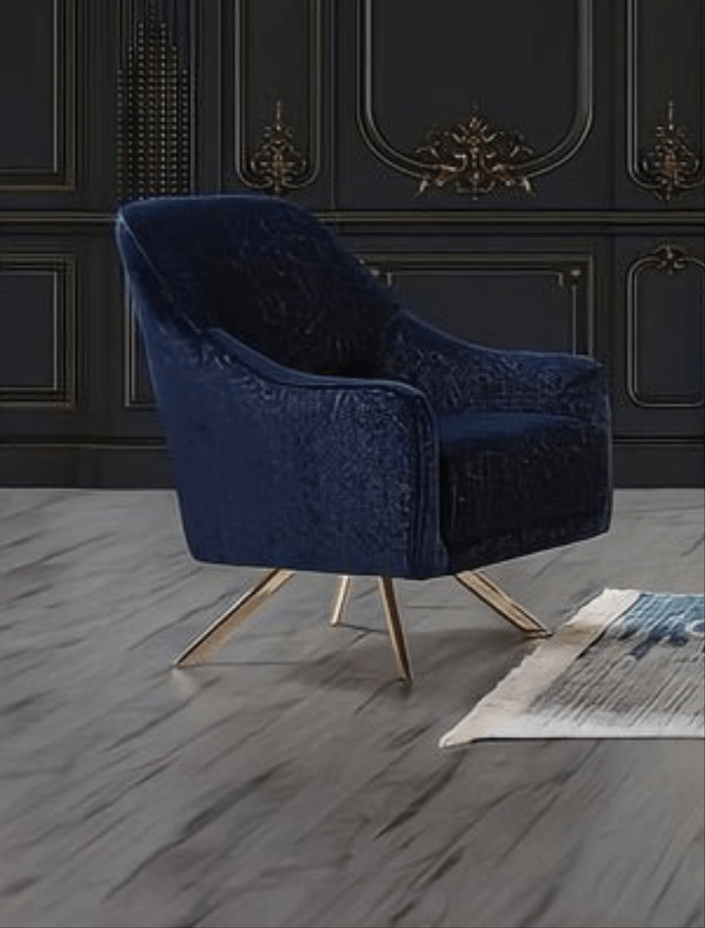 Blue velvet armchair with gold legs in a room with dark paneled walls.