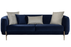 Navy blue sofa with decorative cushions on a white background