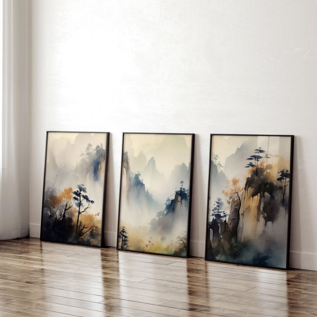 Living Room Wall Decor Modern | Set of 3 Asian Inspired Wall art Prints