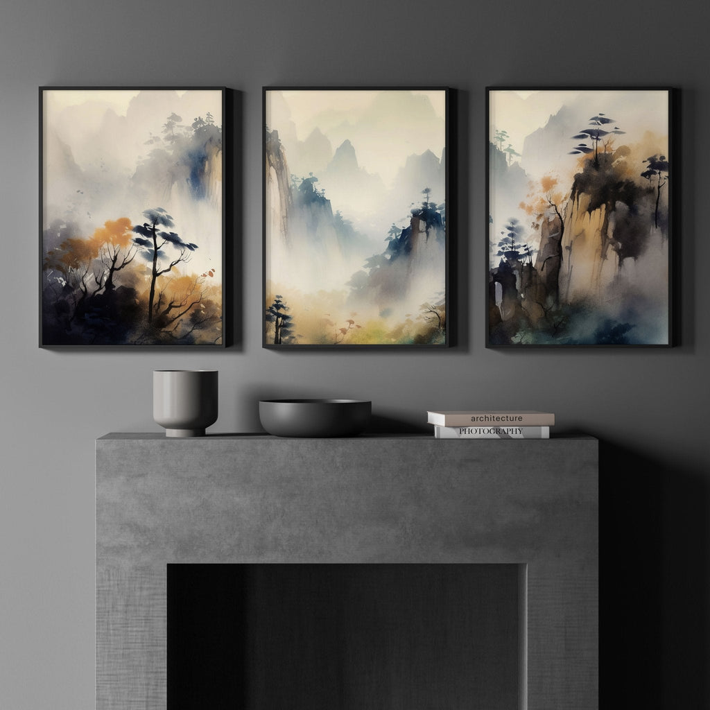 Living Room Wall Decor Modern | Set of 3 Asian Inspired Wall art Prints