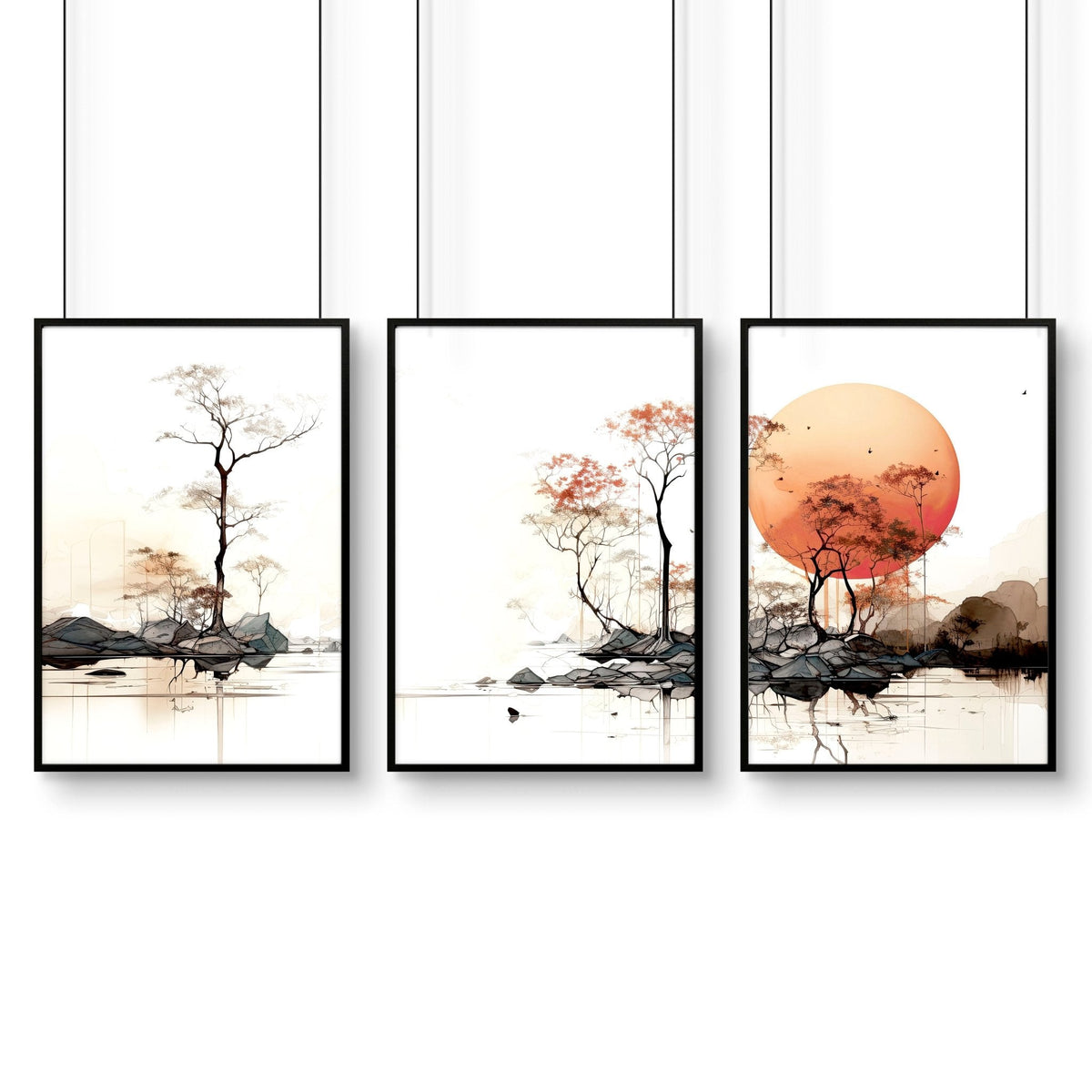 Living Room Wall Decor | Set of 3 Asian Inspired Wall art Prints