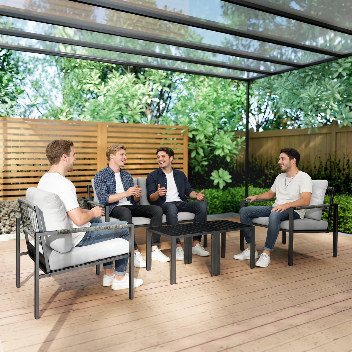 Outsunny 5 Piece Metal Garden Furniture Sofa Set with Thickened Cushions, Loveseat, 2 Armchairs, 2 Coffee Tables, Light Grey
