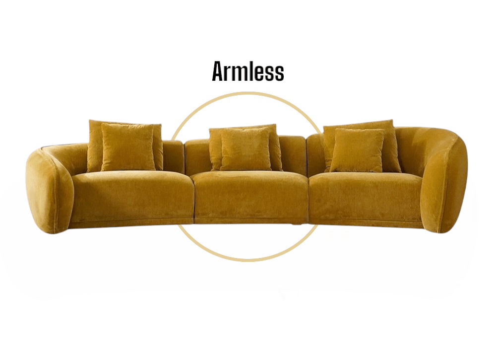 Mustard yellow armless sofa on a white background with 'Armless' text.