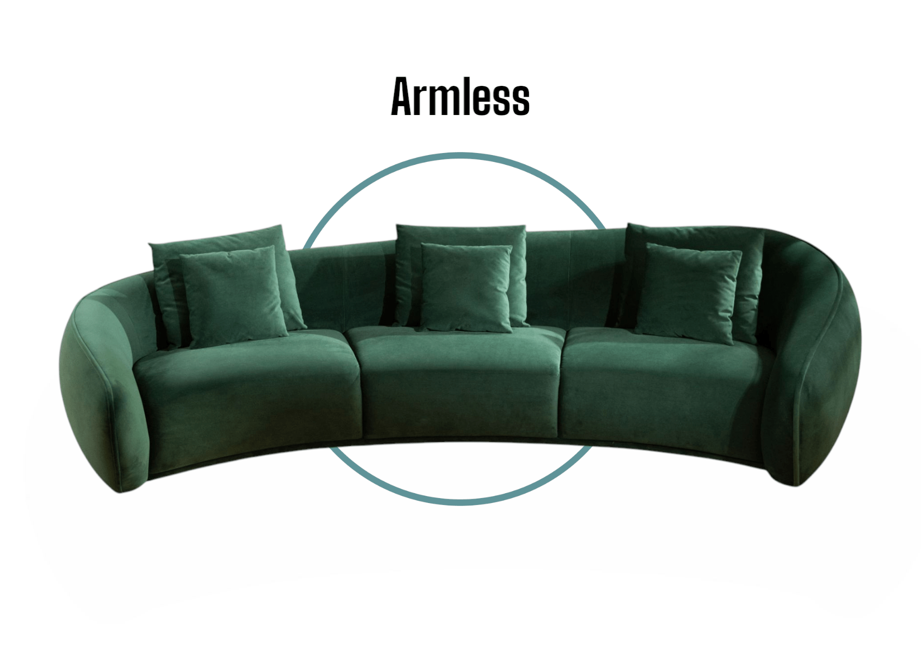 Green armless sofa with 'Armless' text above it on a white background