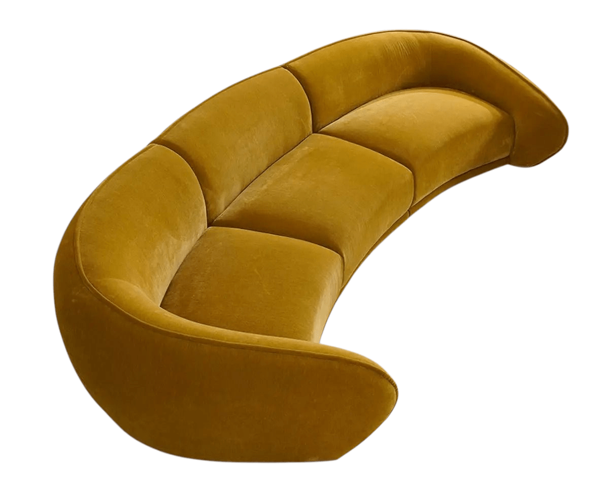 Mustard yellow curved sofa on a white background