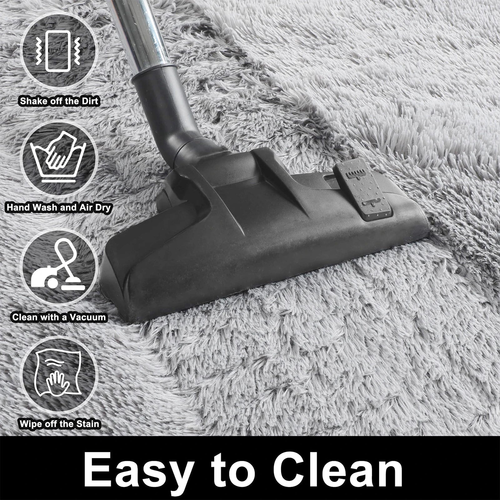 Vacuum cleaner head cleaning a carpet with cleaning instructions displayed.