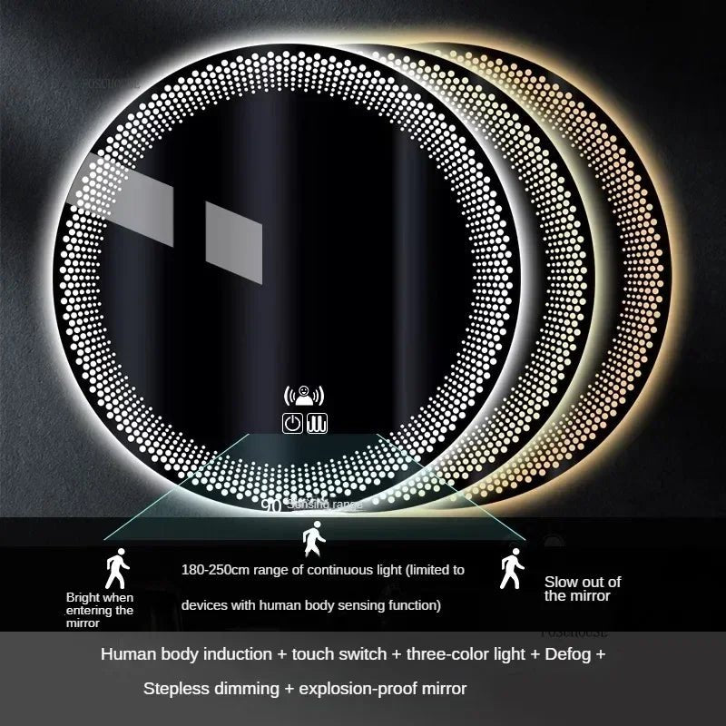 Round LED mirror with light-induction and touch switch features on a dark background