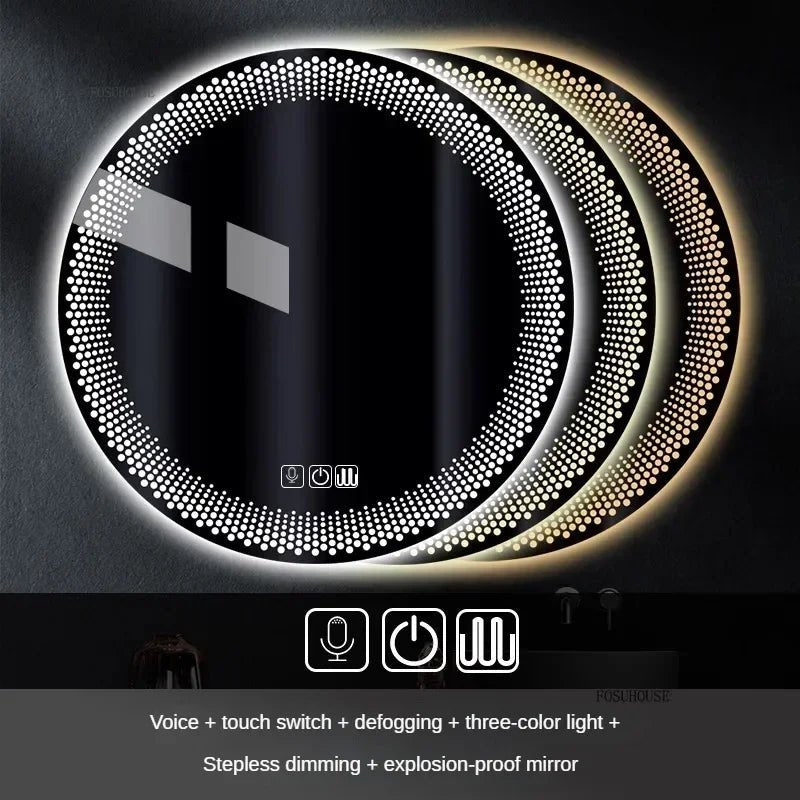 Round LED light fixture with control buttons on a black background