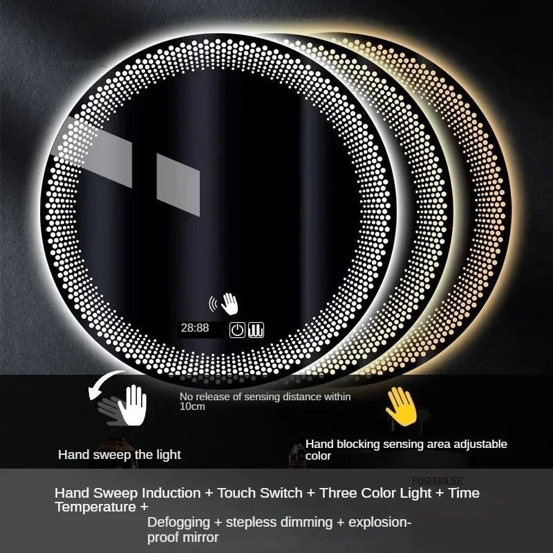 Round LED mirror with digital display and control buttons on a black background