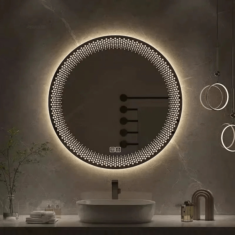 Round LED mirror with digital display touch on a dark wall
