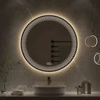 Round LED mirror with digital display touch on a dark wall