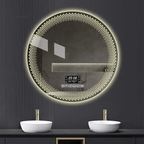 Round illuminated bathroom mirror with digital display on a dark wall.