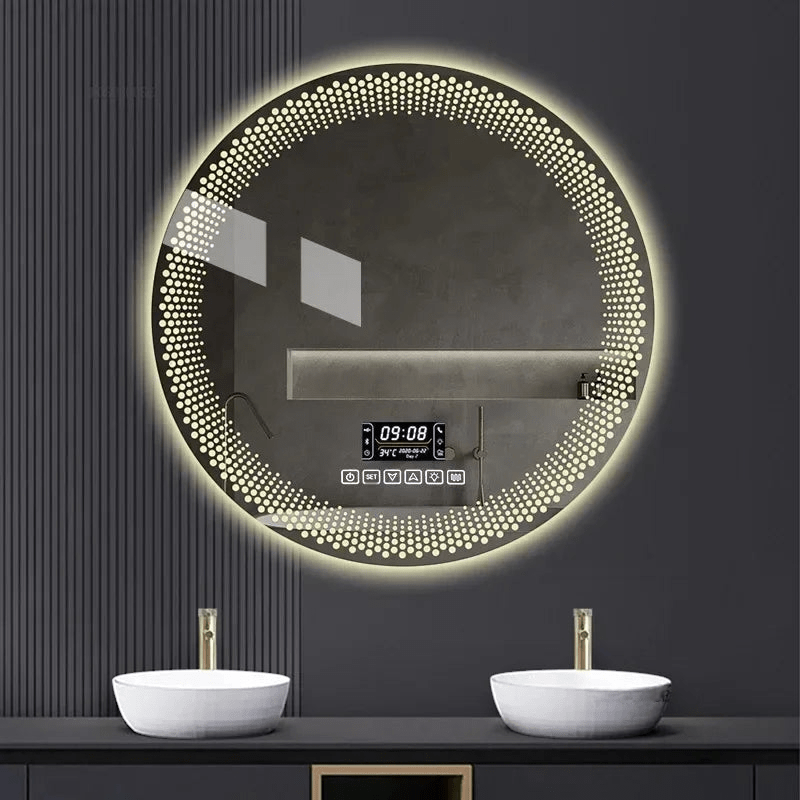 Round illuminated bathroom mirror with digital display on a dark wall.