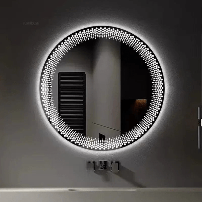 Round LED day light mirror on a dark wall