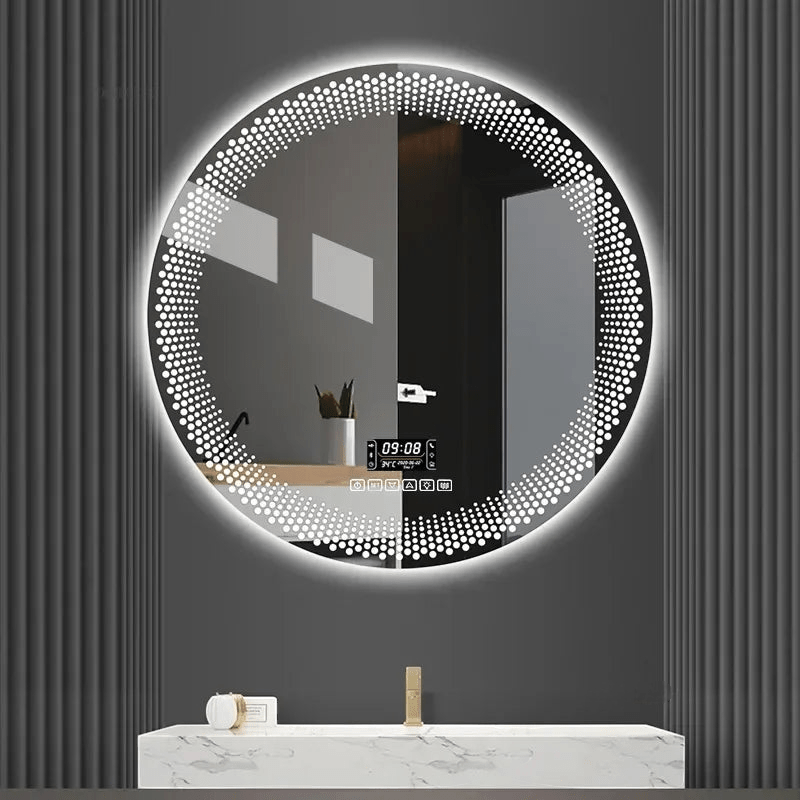 Round LED mirror with digital display on a dark wall