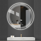 Round LED mirror with digital display on a dark wall