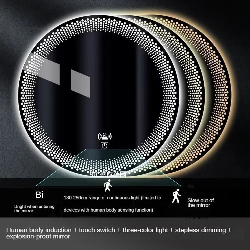 Round LED mirror with decorative frame on a dark background