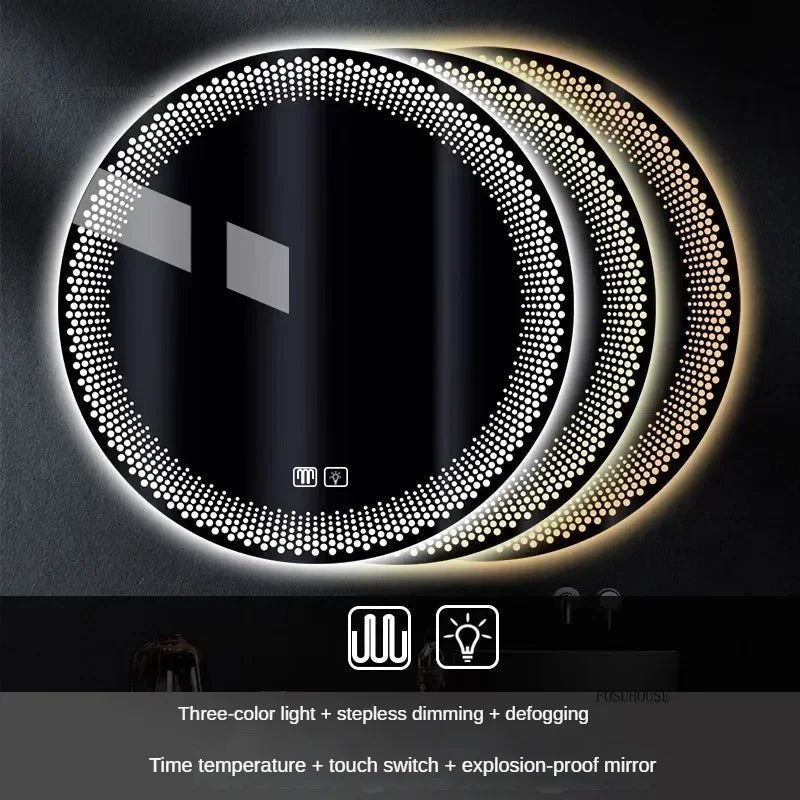 Round LED mirrors with light-induction and touch switch features on a dark background