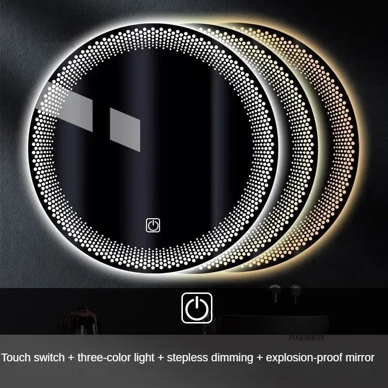 Round LED mirrors with touch switch features on a dark background