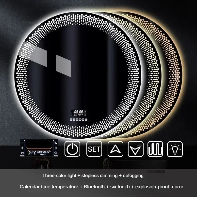 Round LED mirrors with light-induction and touch switch features on a dark background