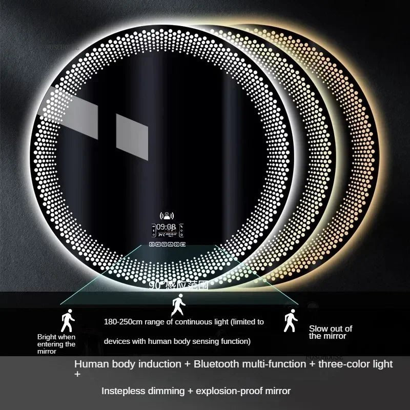 Round LED mirror with light-induction feature on a dark background