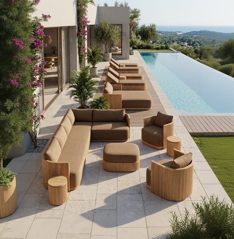Luxury Teak Outdoor Sectional Sofa Set with Waterproof Cushions - MOOAZAA