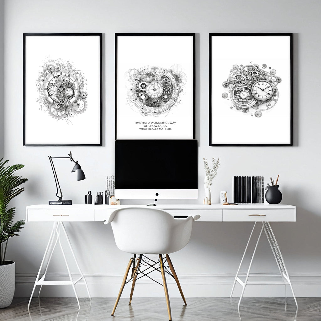 Male Office Decor | Set of 3 Abstract Clocks Wall art Prints