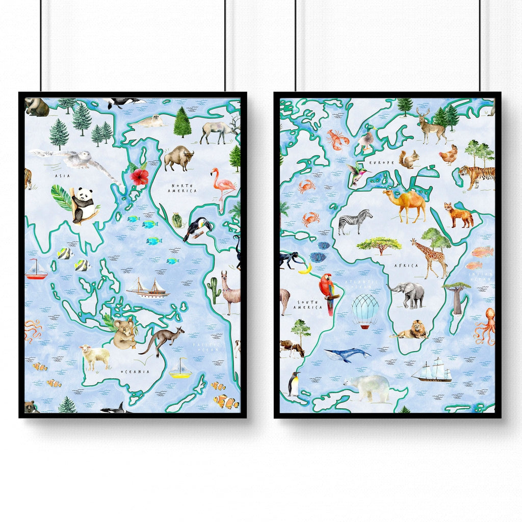 Childrens world map | set of 2 Wall art for Nursery