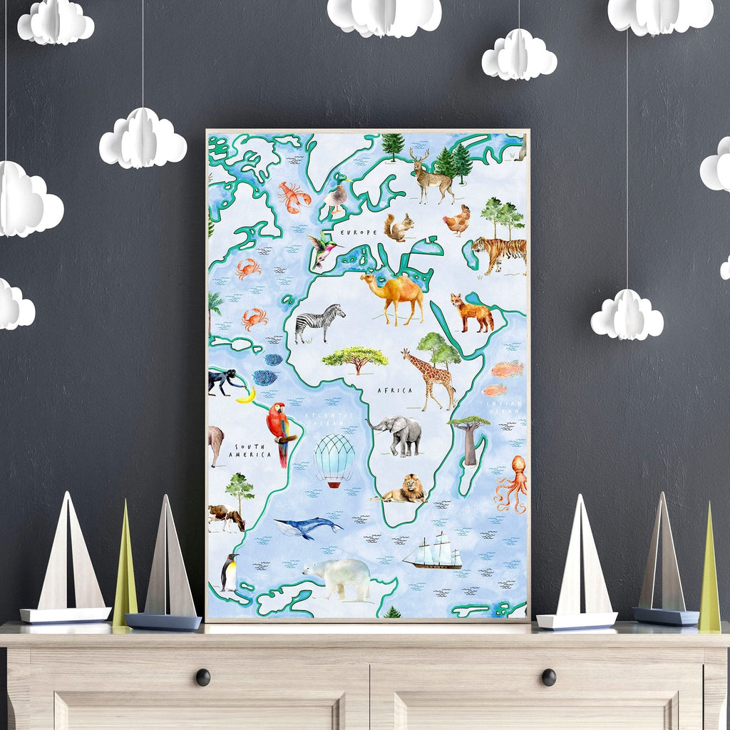 Childrens world map | set of 2 Wall art for Nursery
