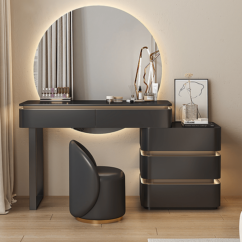 Modern vanity table with mirror and chair in a well-lit room