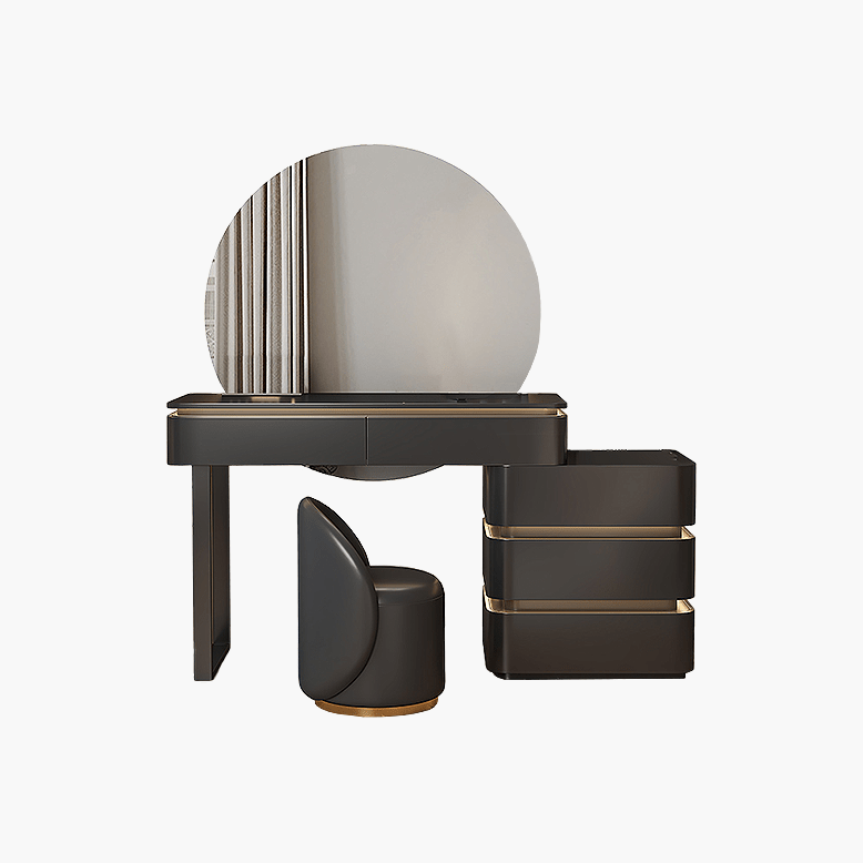 Modern vanity table with mirror and stool on a white background