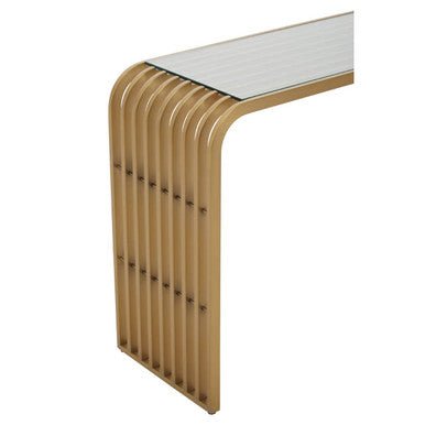 Matte Gold Slatted Console Table with Clear Glass Top | Vogue - MOOAZAA