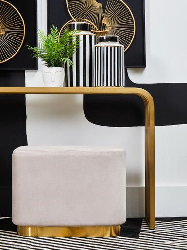 Matte Gold Slatted Console Table with Clear Glass Top | Vogue - MOOAZAA