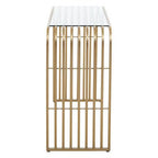 Matte Gold Slatted Console Table with Clear Glass Top | Vogue - MOOAZAA