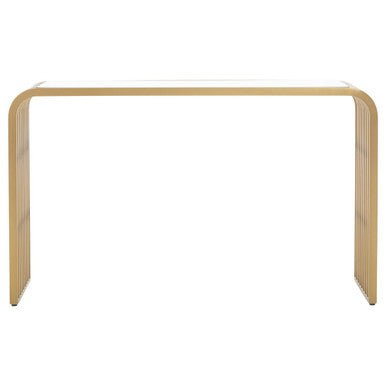 Matte Gold Slatted Console Table with Clear Glass Top | Vogue - MOOAZAA